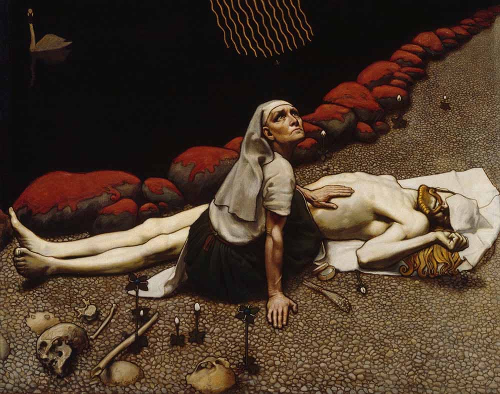 Lemminkäinen's Mother, an 1897 painting by Akseli Gallen-Kallela: She is shown having just gathered the broken body of her son from the dark river of Tuonela.